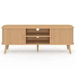 Meuble TV 140 cm ROMIE 2 portes coulissantes lattes tasseau bois coloris chêne