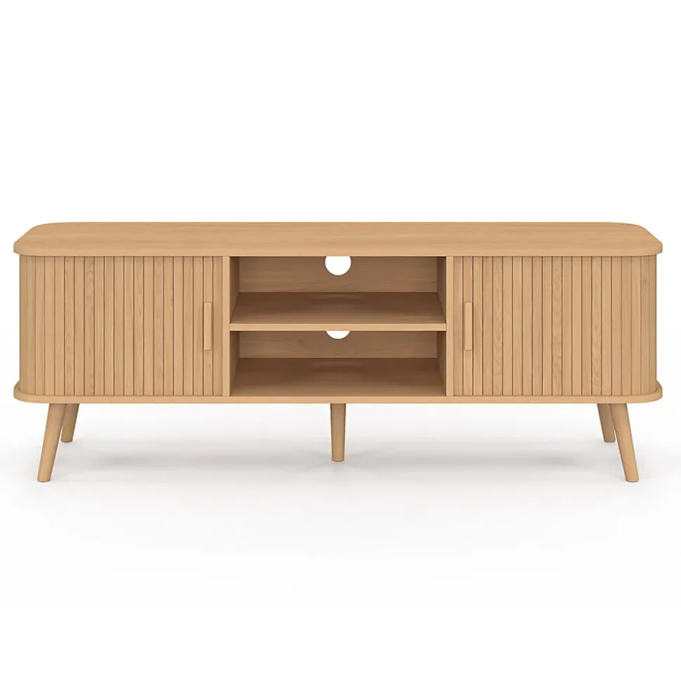 Meuble TV 140 cm ROMIE 2 portes coulissantes lattes tasseau bois coloris chêne