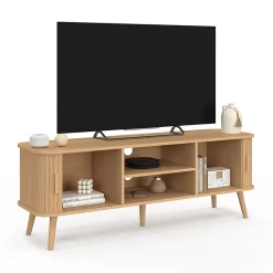Meuble TV 140 cm ROMIE 2 portes coulissantes lattes tasseau bois coloris chêne
