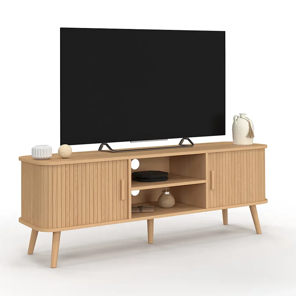 Meuble TV 140 cm ROMIE 2 portes coulissantes lattes tasseau bois coloris chêne