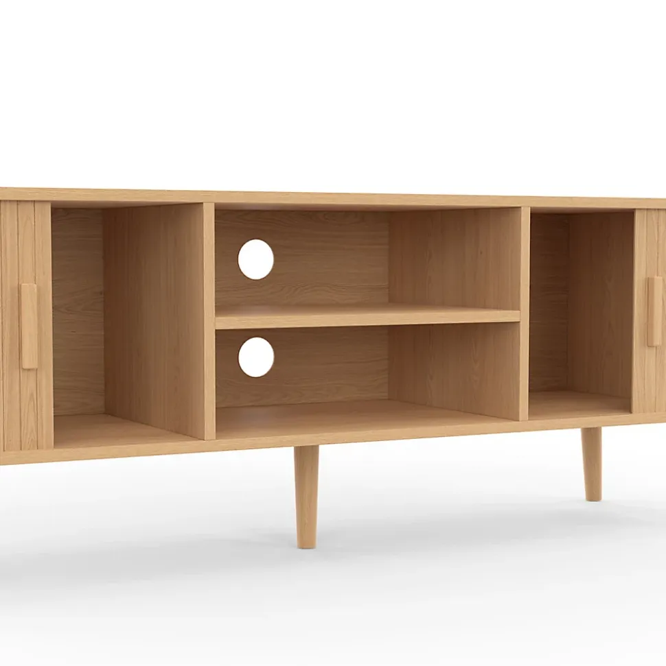 Meuble TV 140 cm ROMIE 2 portes coulissantes lattes tasseau bois coloris chêne