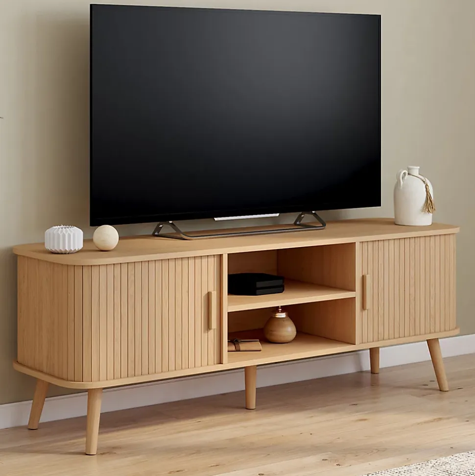 Meuble TV 140 cm ROMIE 2 portes coulissantes lattes tasseau bois coloris chêne