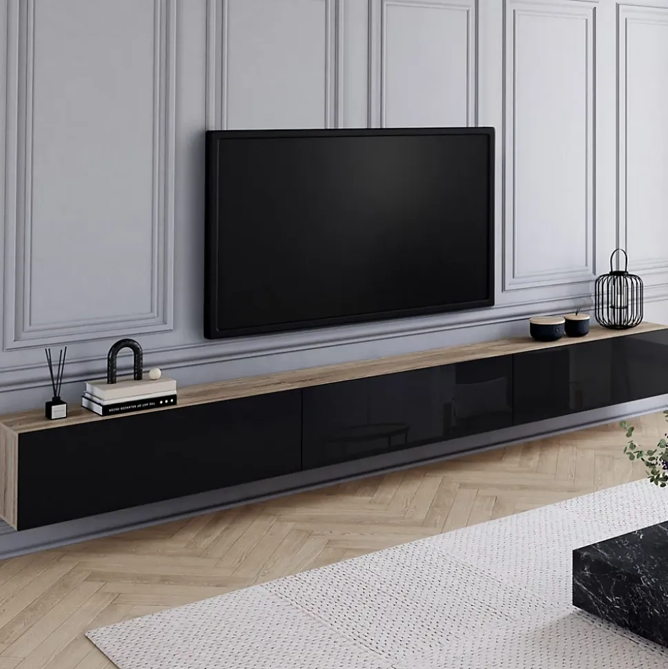 Meuble TV 300 cm suspendu ELIO 3 portes bois et noir