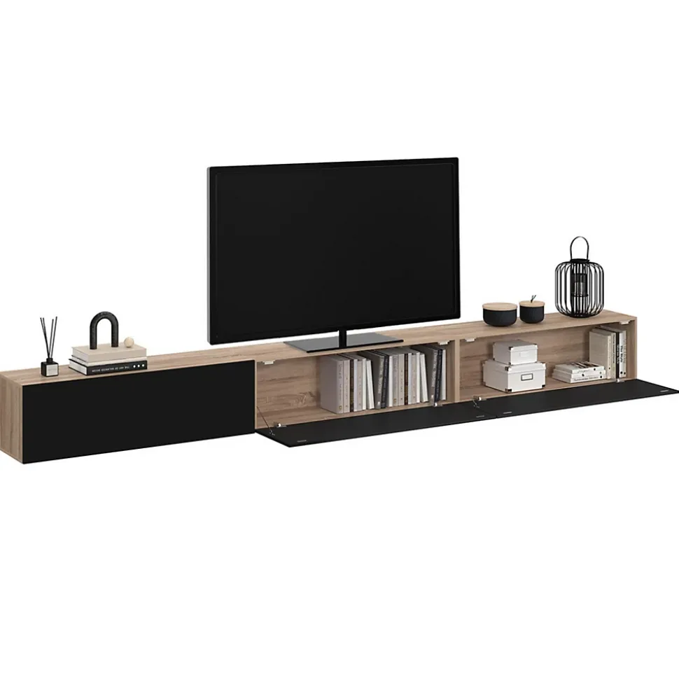 Meuble TV 300 cm suspendu ELIO 3 portes bois et noir