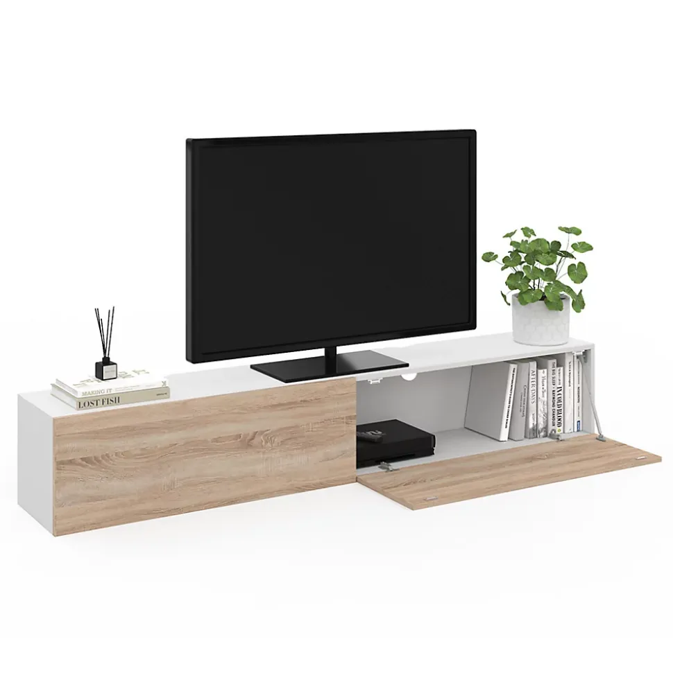 Meuble TV 180 cm suspendu ELIO 2 portes blanc et bois