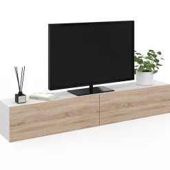 Meuble TV 180 cm suspendu ELIO 2 portes blanc et bois