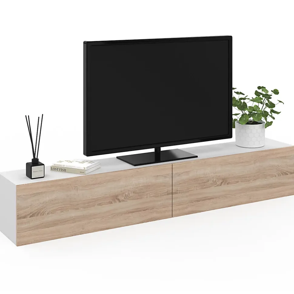 Meuble TV 180 cm suspendu ELIO 2 portes blanc et bois