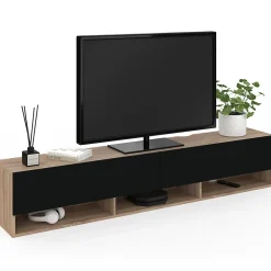 Meuble TV 180 cm suspendu ELIO 2 portes avec étagère bois et noir