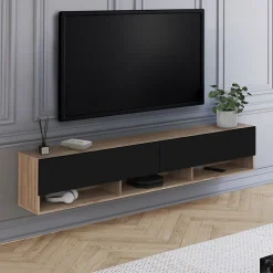 Meuble TV 180 cm suspendu ELIO 2 portes avec étagère bois et noir