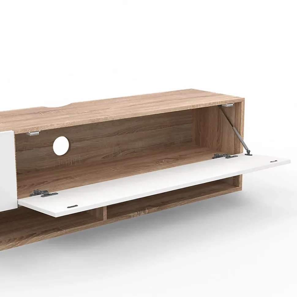 Meuble TV 180 cm suspendu ELIO 2 portes avec étagère bois et blanc