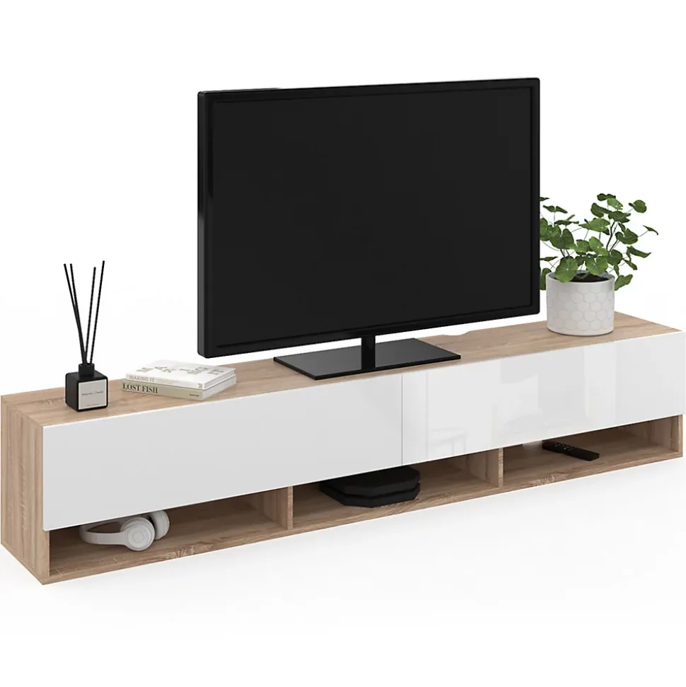 Meuble TV 180 cm suspendu ELIO 2 portes avec étagère bois et blanc