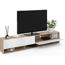 Meuble TV 180 cm suspendu ELIO 2 portes avec étagère bois et blanc
