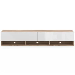 Meuble TV 180 cm suspendu ELIO 2 portes avec étagère bois et blanc