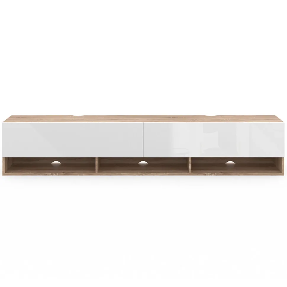 Meuble TV 180 cm suspendu ELIO 2 portes avec étagère bois et blanc