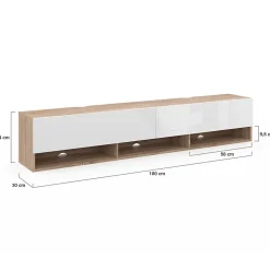 Meuble TV 180 cm suspendu ELIO 2 portes avec étagère bois et blanc