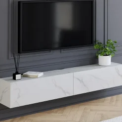 Meuble TV 180 cm suspendu ELIO 2 portes bois effet marbre