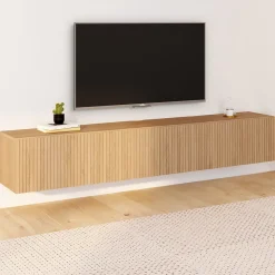 Meuble TV 180 cm suspendu JULIETTE lattes tasseau bois coloris chêne