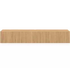 Meuble TV 180 cm suspendu JULIETTE lattes tasseau bois coloris chêne