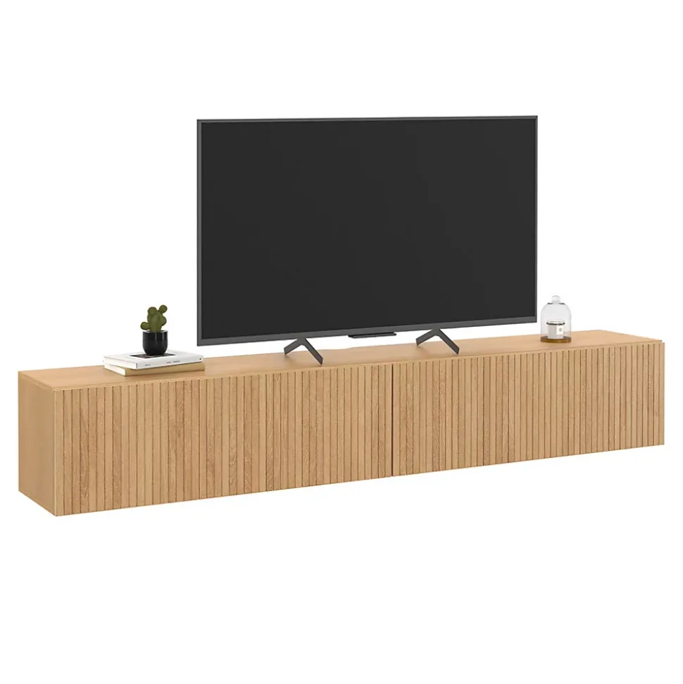 Meuble TV 180 cm suspendu JULIETTE lattes tasseau bois coloris chêne