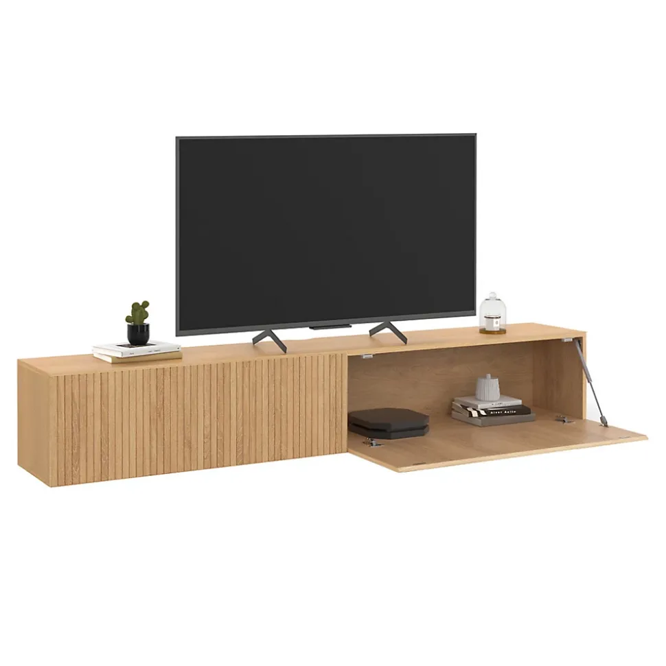 Meuble TV 180 cm suspendu JULIETTE lattes tasseau bois coloris chêne