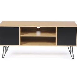 Meuble TV 113 cm vintage NOEMI pied épingle bois portes noires