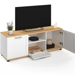 Meuble TV 110 cm VITO avec tiroir et niche blanc et bois