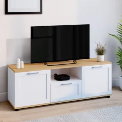 Meuble TV 110 cm VITO avec tiroir et niche blanc et bois