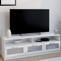 Meuble TV 140 cm VITO portes givrées blanc