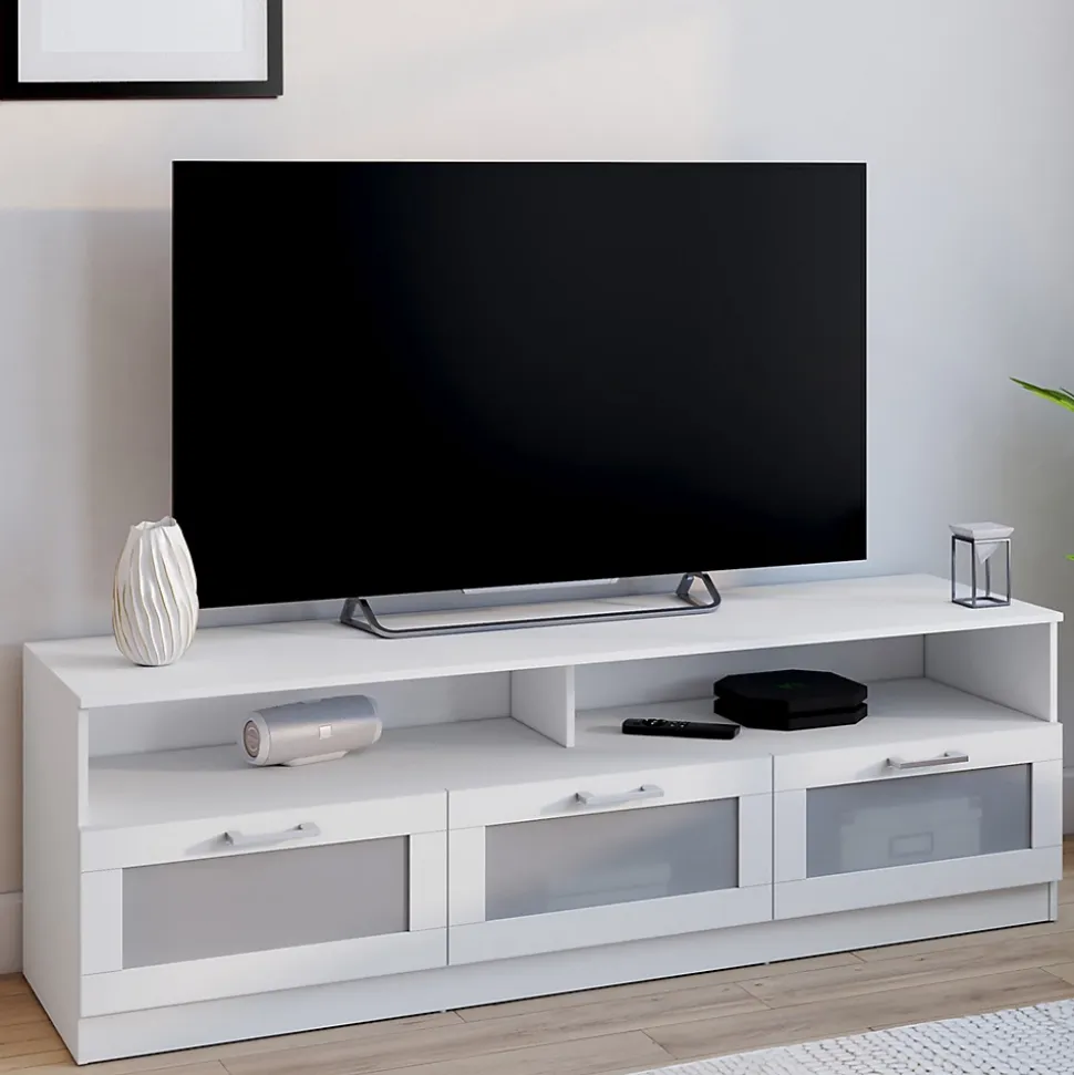 Meuble TV 140 cm VITO portes givrées blanc