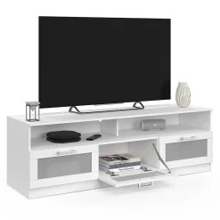 Meuble TV 140 cm VITO portes givrées blanc