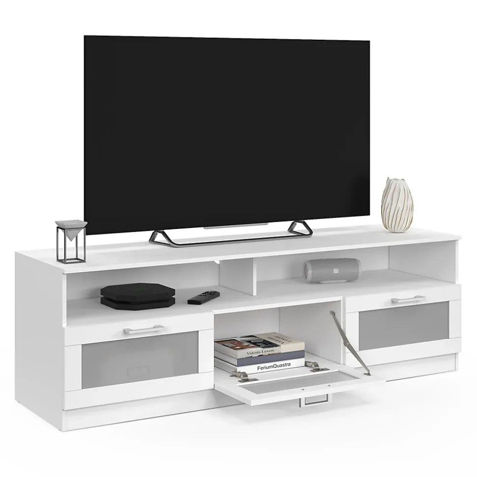 Meuble TV 140 cm VITO portes givrées blanc