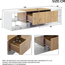 Meuble TV 3 niveaux, plateaux verre/2 tiroirs, pour TV jusqu'à 70