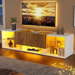 Meuble TV 3 niveaux, plateaux verre/2 tiroirs, pour TV jusqu'à 70