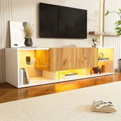 Meuble TV 3 niveaux, plateaux verre/2 tiroirs, pour TV jusqu'à 70
