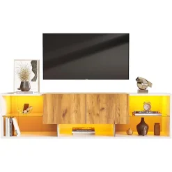 Meuble TV 3 niveaux, plateaux verre/2 tiroirs, pour TV jusqu'à 70