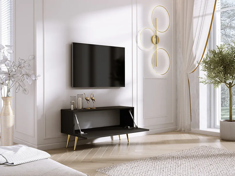 Meuble TV : Noir Mat, Pieds Dorés, 100 x 52 x 32 cm