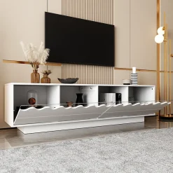 Meuble TV 4 Portes - Façades Ondulées et Étagères en Verre Trempé - MDF + PB - 170x45x40 cm - Blanc