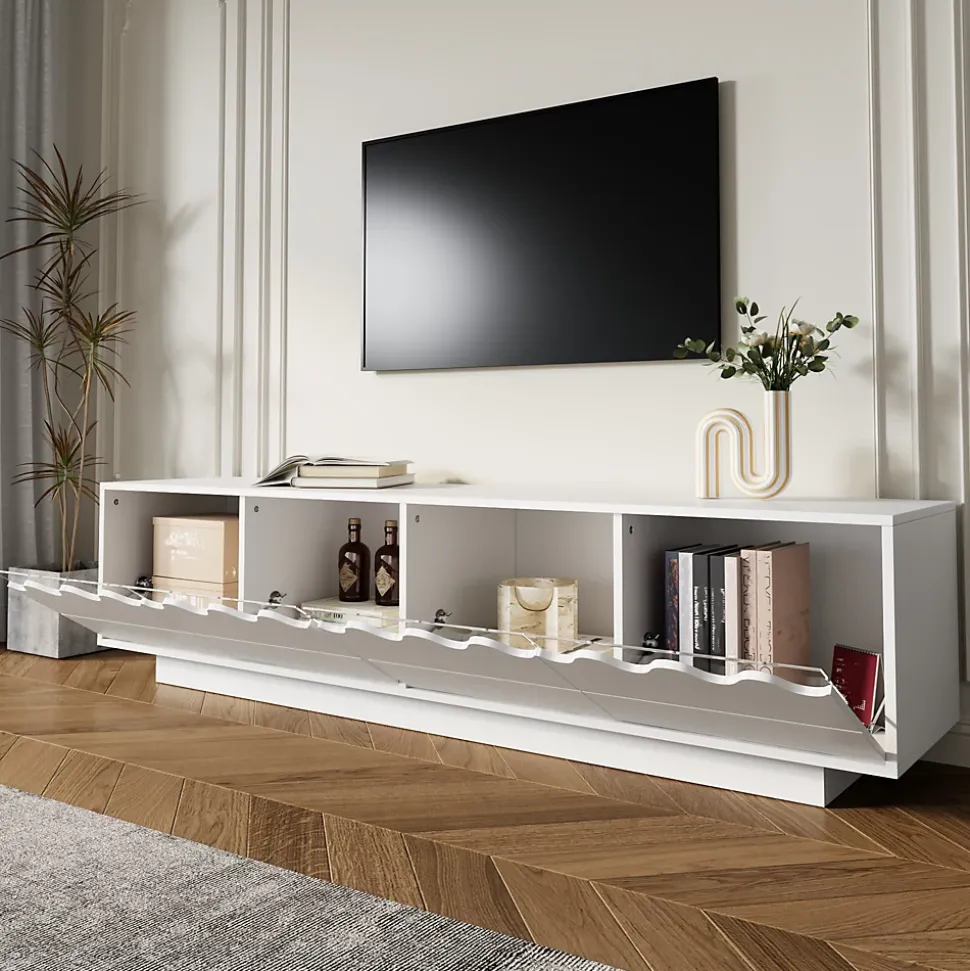 Meuble TV 4 Portes - Façades Ondulées et Étagères en Verre Trempé - MDF + PB - 170x45x40 cm - Blanc