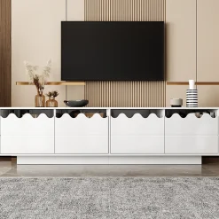 Meuble TV 4 Portes - Façades Ondulées et Étagères en Verre Trempé - MDF + PB - 170x45x40 cm - Blanc