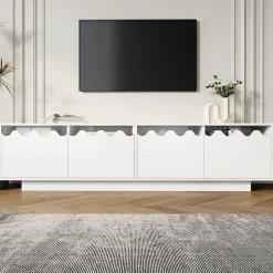 Meuble TV 4 Portes - Façades Ondulées et Étagères en Verre Trempé - MDF + PB - 170x45x40 cm - Blanc