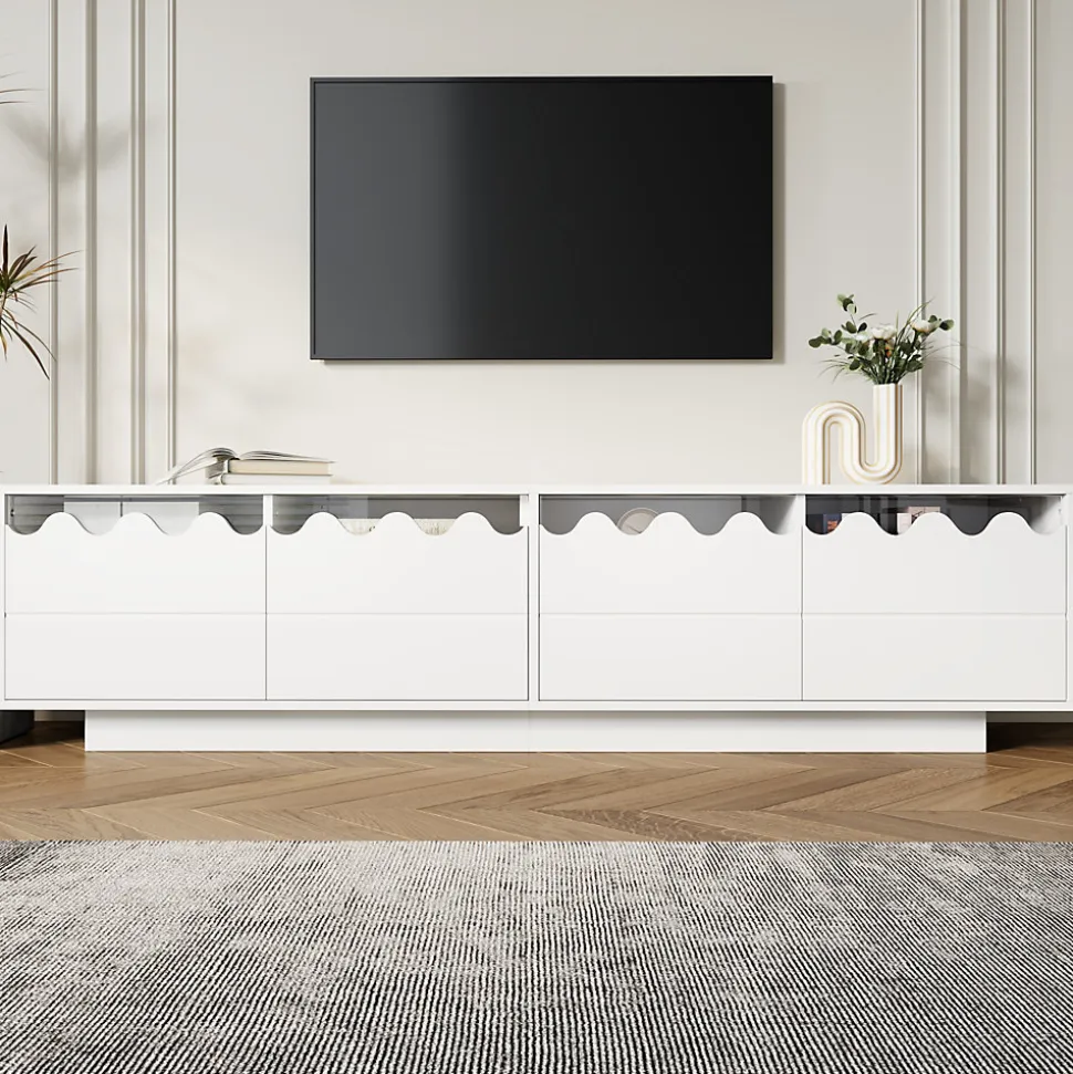 Meuble TV 4 Portes - Façades Ondulées et Étagères en Verre Trempé - MDF + PB - 170x45x40 cm - Blanc