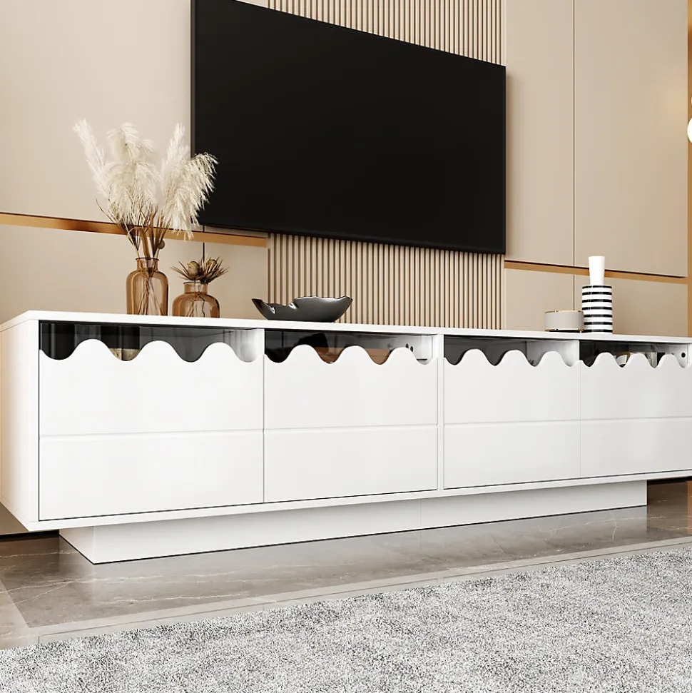Meuble TV 4 Portes - Façades Ondulées et Étagères en Verre Trempé - MDF + PB - 170x45x40 cm - Blanc