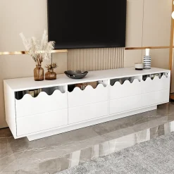Meuble TV 4 Portes - Façades Ondulées et Étagères en Verre Trempé - MDF + PB - 170x45x40 cm - Blanc