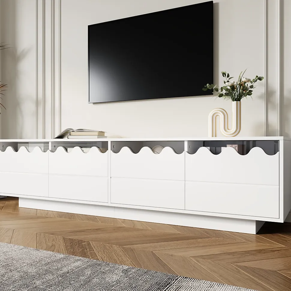 Meuble TV 4 Portes - Façades Ondulées et Étagères en Verre Trempé - MDF + PB - 170x45x40 cm - Blanc