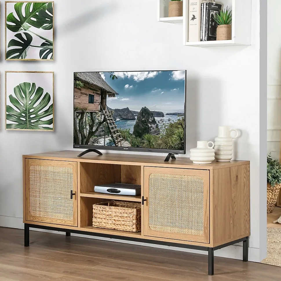 Meuble TV 2 Portes avec Cannage Rotin et 2 Niches L120cm - JAYA
