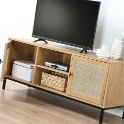 Meuble TV 2 Portes avec Cannage Rotin et 2 Niches L120cm - JAYA