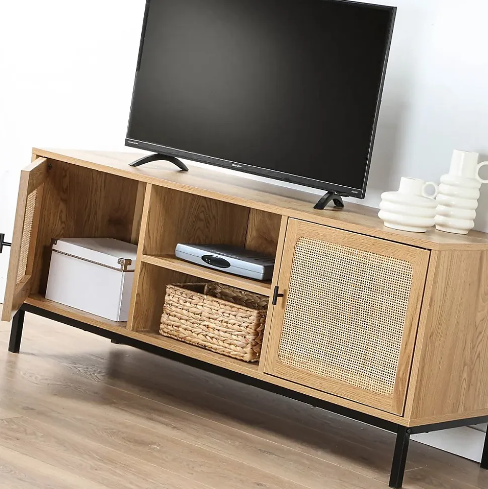 Meuble TV 2 Portes avec Cannage Rotin et 2 Niches L120cm - JAYA
