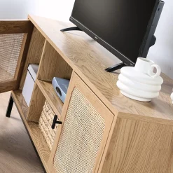 Meuble TV 2 Portes avec Cannage Rotin et 2 Niches L120cm - JAYA