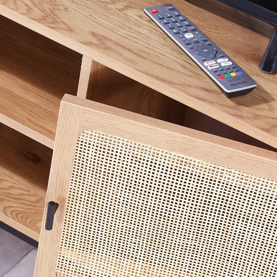 Meuble TV 2 Portes avec Cannage Rotin et 2 Niches L120cm - JAYA