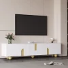 Meuble TV 4 Portes avec Rangement, Surface Effet Marbre et Pieds Sphériques, MDF et Panneaux de Particules, Blanc, 180x40x44 cm